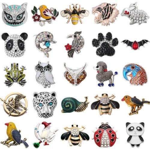 6pcs/lot Rhinestone Snap Button Bee Bird Panda Frog Owl Snap Button Charm for Metal Snap Button Charm Fit 18mm Snap Jewelry