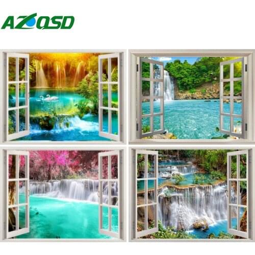 AZQSD Full Drill Diamond Embroidery Window Waterfall Swan Mosaic Diamond Painting Landscape Cross Stitch Handicraft Home Decor