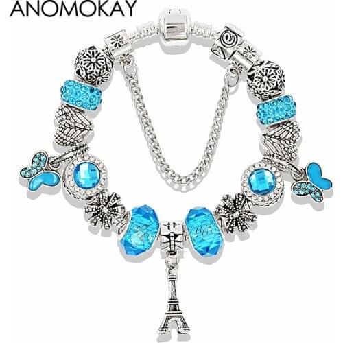 Blue Crystal Butterfly Charm Bracelet Silver Plated Eiffel Tower Crown Bead Bracelet for Lover Couple Jewelry Bracelets Gift