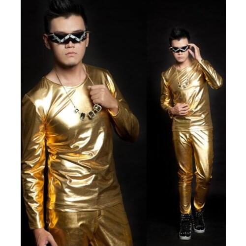 Fashion punk slim sexy pants and shirt men long sleeve teenage korean shirt mens personality stage singer dance gold silver