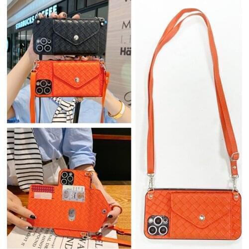 For iphone 12 11 pro xs max xr x 7 8 6 6s plus se 2020 Case Cover fashion Braided wallet card strap leather holder phone bag cap