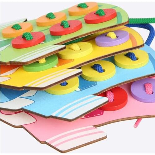 Wooden Threading Lacing Shoes Sew-on Buttons Creative Children Puzzle Toys