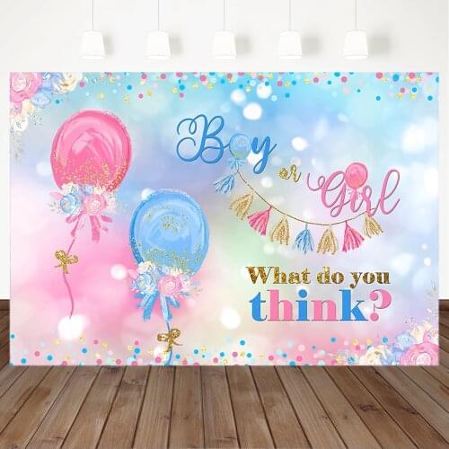 Boy or Girl Gender Reveal Backdrop Blue Pink Balloons Photography Background Gold Polka Dots Baby Shower Party Banner Supplies