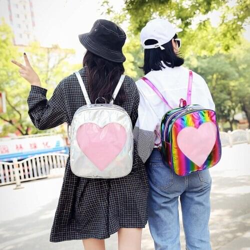 Harajuku casual cute student school backpack Women ita bag Transparent love shoulder bag rainbow handbag pu Handbag Shoulder Ba