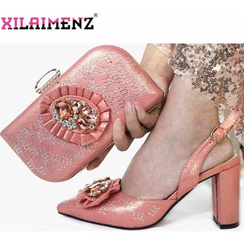 Hot Selling 2019 New Arrivals Decorated With Rhinestone Shoes And Bag Set Nigerian Design Matching Shoes And Bag Set in Peach