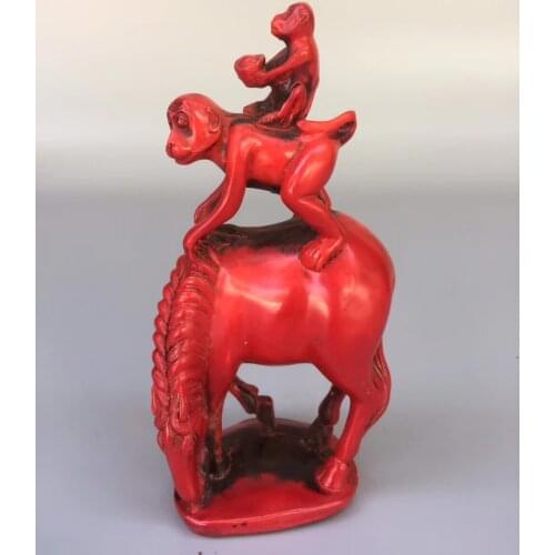 Collection Chinese Red Coral Carved Monkey Riding Horse Sending Wealth Money Lucky Animal Statue Home Decoration