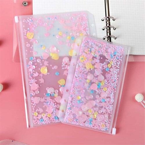 1pc Cute Glitter Sequins A5 A6 Inner Pocket Standard 6 Holes File Holder Transparent Loose Leaf Zipper Binder Storage Pouch