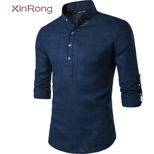 Mens spring coat shirt solid color long-sleeved short-sleeved stand-up collar Slim pullover shirt Literary youth pullover shirt