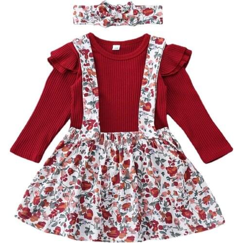 2021 New Baby Child Girls Clothes Set Solid Knitted Long Sleeve Flower Print Skirt Bow Headband Kids Autumn Outfits Red 1-6Y