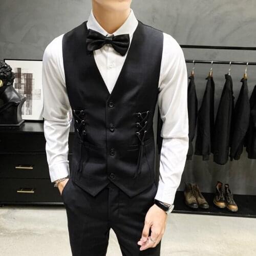Dress vest men fashion Braided ribbon decoration slim suit vests man formal wedding waist caot for men brief gilet party vests