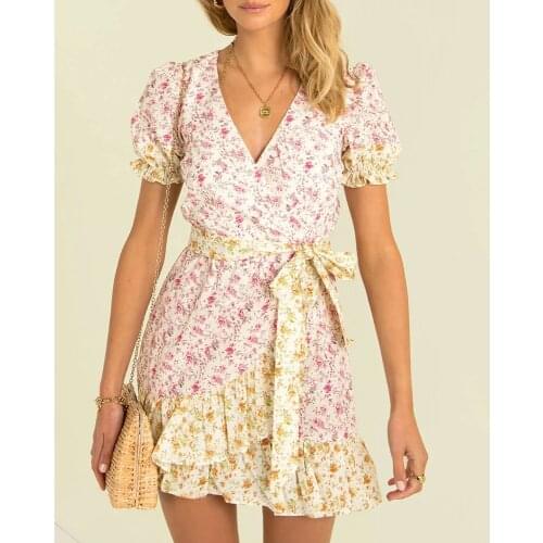GypsyLady Floral Printed Mini Dress Vintage Summer Casual Sexy Dresses Women Belted Bow Ruffles Ladies Holiday Ladies Dresses