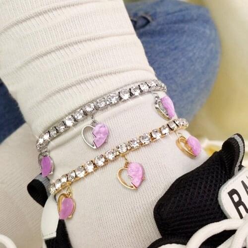 Multicolor Acrylic Asymmetry Heart Break Love Anklets for Women Rhinestone Crystal Tennis Chain Foot Bracelet Jewelry Party Gift