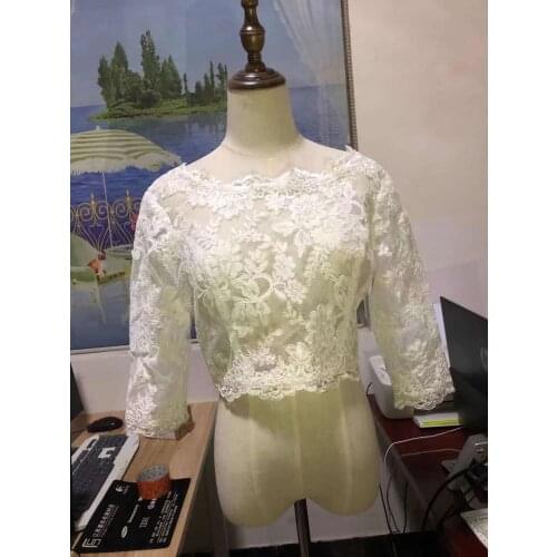 Real Image V-Back Bridal Jackets 3/4 Sleeve Wedding Boleros Women Wraps White Ivory Lace Appliques Custom Made Shawl Jacket New