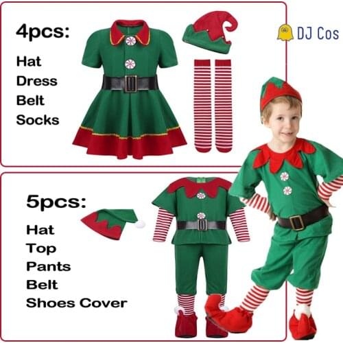 Christmas Elf Cosplay Costumes Santa Claus Green Dress Hat Family Xmas Elves Parent-Child Matching Outfits Party Role Play