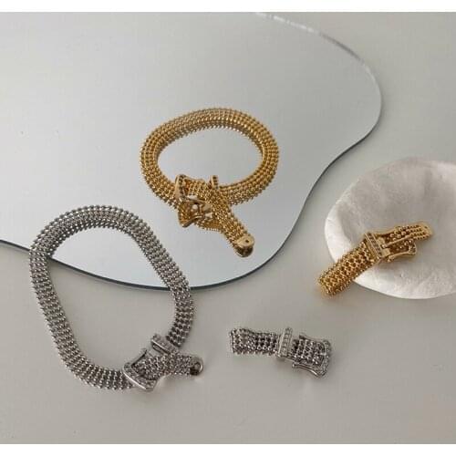 SRCOI Dainty Gold Color Ball Chain Link Belt Buckle Rings Vintage Metal Geometric Adjustable Finger Rings For Women Party New