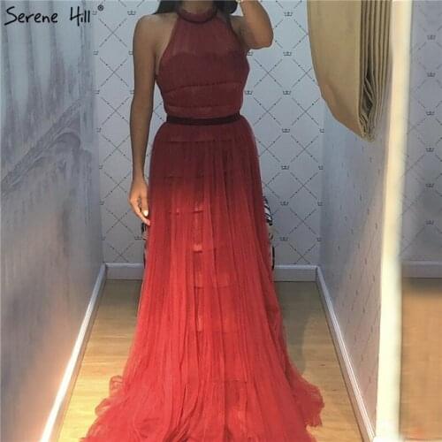 Wine Red Halger Sleeveless Tulle Prom Gowns 2020 A-Line Simple Sexy Prom Dresses Long Serene Hill BLA70234