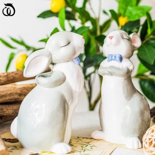 WU CHEN LONG 2 Pcs/Set Nordic Bowknot Grey Rabbit Art Sculpture Cute Animal Figurines Creative Ceramics Craft Home Decor R6306