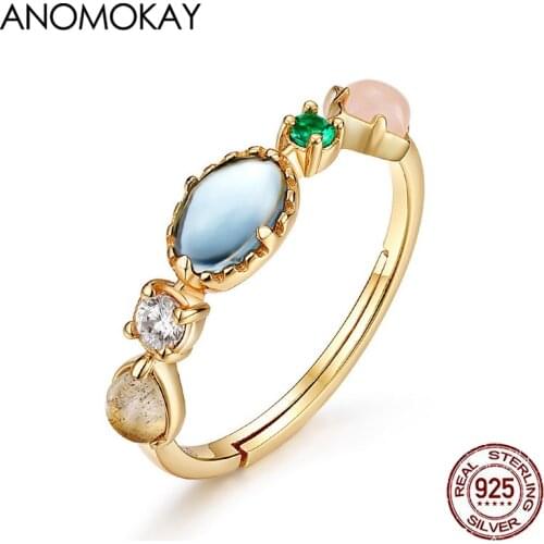 Anomokay Colorful Rainbow Wish Stone Gold Color Rings for Women Mom Gift 100% Sterling 925 Silver Resizable Ring Jewelry