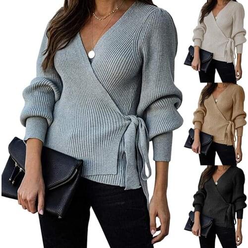 2020 Autumn Tops and Pullovers Long Sleeve Knitted Sweaters for Women V Neck Cross Wrap Sweaters and Pullovers Fashion Tops