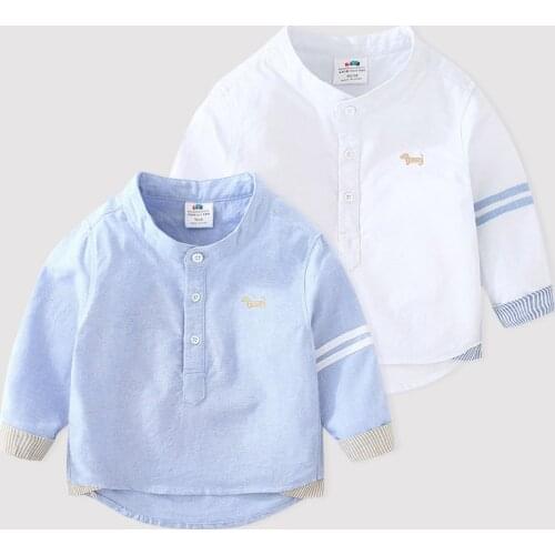 2020 Spring Autumn 2 3 4 6 8 10 Years Handsome Solid Color Cotton Mandarin Collar Long Sleeve White Shirts For Baby Kids Boys