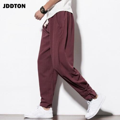 JDDTON Mens Cotton Linen Chinese Style Elastic Waist Casual Sweatpants Streetwear Loose Harem Hip Hop Pants Male Trousers JE060