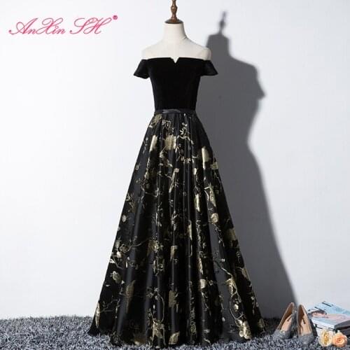 AXJFU princess black velvet evening Dress vintage boat neck golden flower black lace up satin performance a line evening dress