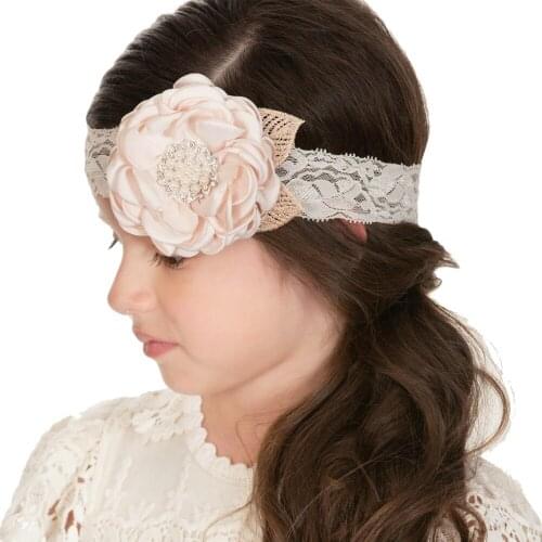Children chiffon flower lace headband girl solid color big flower leaf rhinestone hair lead jewelry 9 colors