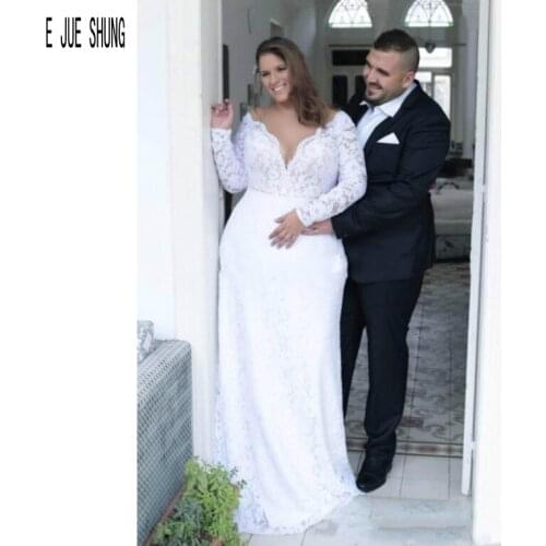 E JUE SHUNG Plus Size Lace Wedding Dress 2019 Long Sleeve V Neck Hollow Back A-line Bridal Gown Vestidos de Novia