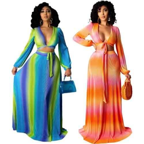 Elegant Gradient Striped Print Skirts Two Piece Set Sexy Bandage V Neck Long Sleeve Crop Top + Long Skirts Slim 2 Piece Outfits