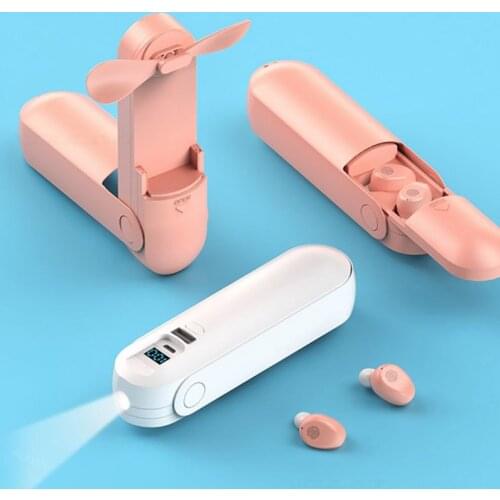 Creative Mini Fan TWS Wireless Bluetooth V5.0 Earbuds High Definition Stereo Headset Charging Case Mini Handheld Fan Flashlight