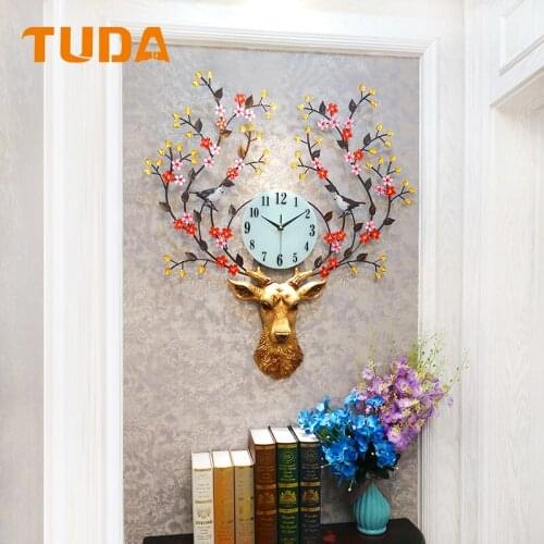 European-Style Clock Deer Head Wall Clock Living Room Clock Creative Mute Non-Luminous Retro Domestic Wall Watch Quartz Clock