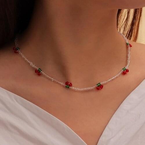 Cute Red Cherry Choker Necklace For Women Girls Fashion Korean Fruit Transparent Beads Necklaces 2021 Trend Jewelry Gift