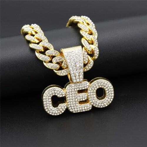 Hip Hop Letter CEO Pendant Necklaces For Women Men Cubic Zircon Miami Cuban Chain Necklaces Party Crystal Jewelry Gift