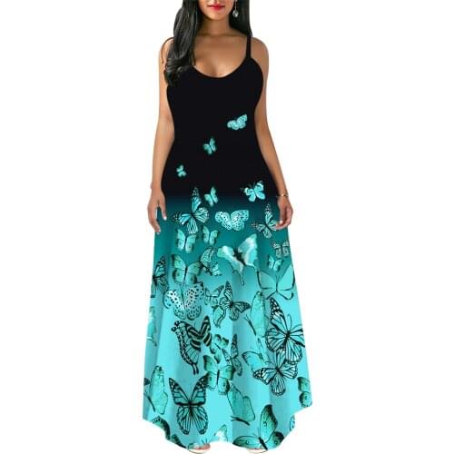 Women Summer Butterfly Print Maxi Dress Ladies Spaghetti Strap Vintage Dress Long Casual Elegant Beach Holiday Sundress D30
