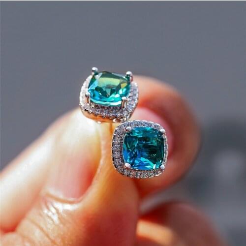 Luxury Female Square Blue Stone Earrings Cute Zircon Double Wedding Earrings Simple Silver Color Stud Earrings For Women