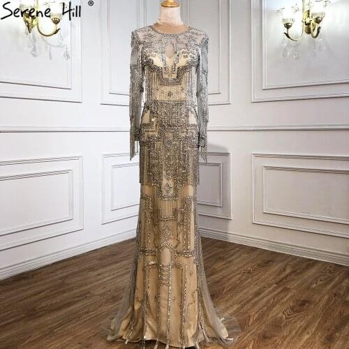 Serene Hill Muslim Mermaid Silver Luxury Elegant Beading Tassel Evening Dresses Gowns For Women Party 2021 LA70937