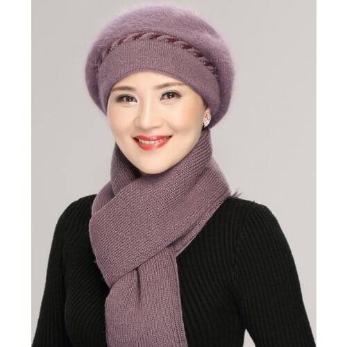 Middle-aged Female Rabbit Wool Hat Women Winter Warm Mother Grandmother Scarf Lady Elegant Fashion Fur Beanies Knit Hats H7153