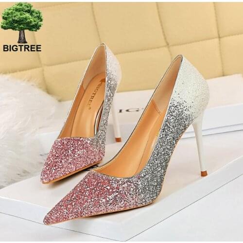 BIGTREE Women Shoes Heels Brand Heels Pumps Pointed Toe Fashion High Heels Women Shoes Gradual Change Glitter High Heels Sexy