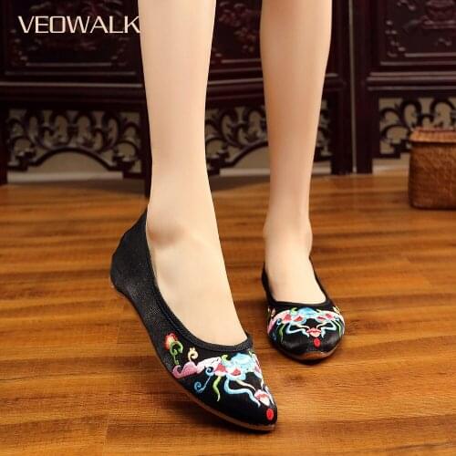 Veowalk Women Velvet Cotton Embroidered Pointed Toe Ballet Flats Ladies Chinese Embroidery Ballerina Shoes Black Red Burgundy
