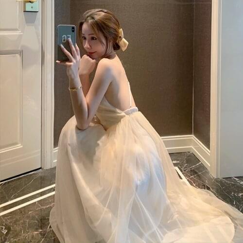 2021 Fashion Summer Women Sexy Backless Long Dresses New Temperament Strap Sleeveless White Vintage Beach Tulle Dress Femme A755