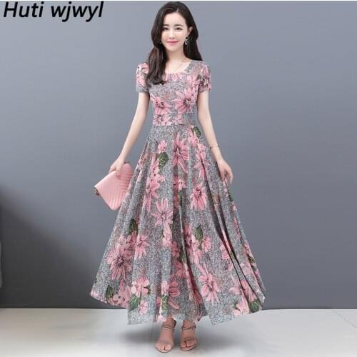 Elegant Women Bodycon Party Vestido 2021 Summer Casual Floral Chiffon Beach Boho Maxi Dress Plus Size Vintage Pink Long Sundress