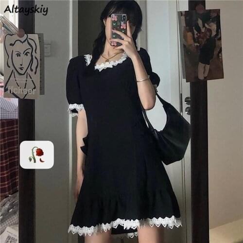 Dress Women Student Lace Cute Casual Solid Summer New Comfortable Harajuku Kawaii Simple Female Stylish Daily Short Sleeve Ins