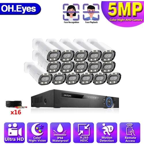 16 Channel Home CCTV Cameras Full Set 5MP 16CH DVR Kit 5MP Colorful Night Vision Security Camera Video Surveillance System