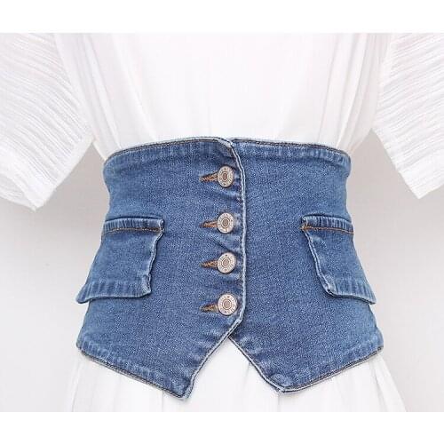 2020 Brand Style Washed Denim Wide Waist Belt Vintage buttons Adjustable Slim Corset Jean Fabric Shirt Dress Elastic Strech Belt