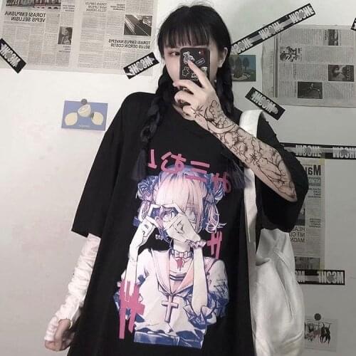 2021 Loose Plus Size Women Clothing Korean Fashion Half Sleeve T-shirt Gothic Clothes For Girls Punk Clothing Y2k