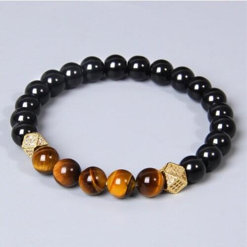 8MM Natural yellow tiger eye stone beads bracelet for men friendship jewelry black gold cz metal beads bracelet gifts wholesale