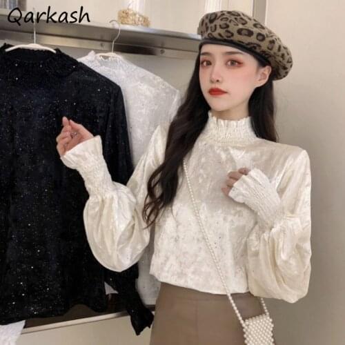 Blouses Women Temperament Spring Retro French Style Classic Turtleneck Mujer Lantern Sleeve Solid Casual Slim Tops Elegant Chic