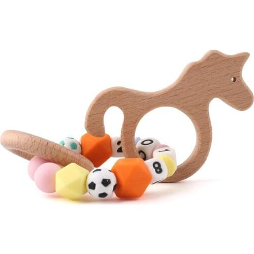 Bite Bites 1PC Natura Wooden Unicorn Pendant Bracelet For Infant Rodent Silicone Beads BPA Free Shower Gift Baby Teether