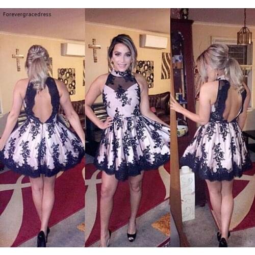 High Neck Black Prom Dress A Line Backless Short Juniors Sweet 15 Graduation Cocktail Party Dress Plus Size