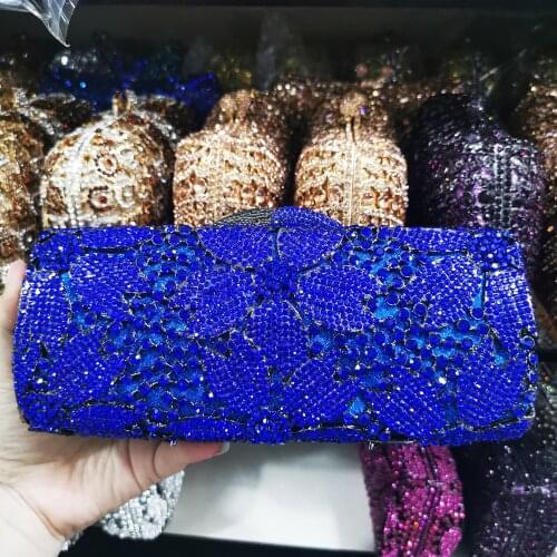 Elegant Women Blue Purple Color Crystal Clutch Evening Minaudiere Bags Metal Hard Case Wedding Bridal Bag Flower Handbag Purse